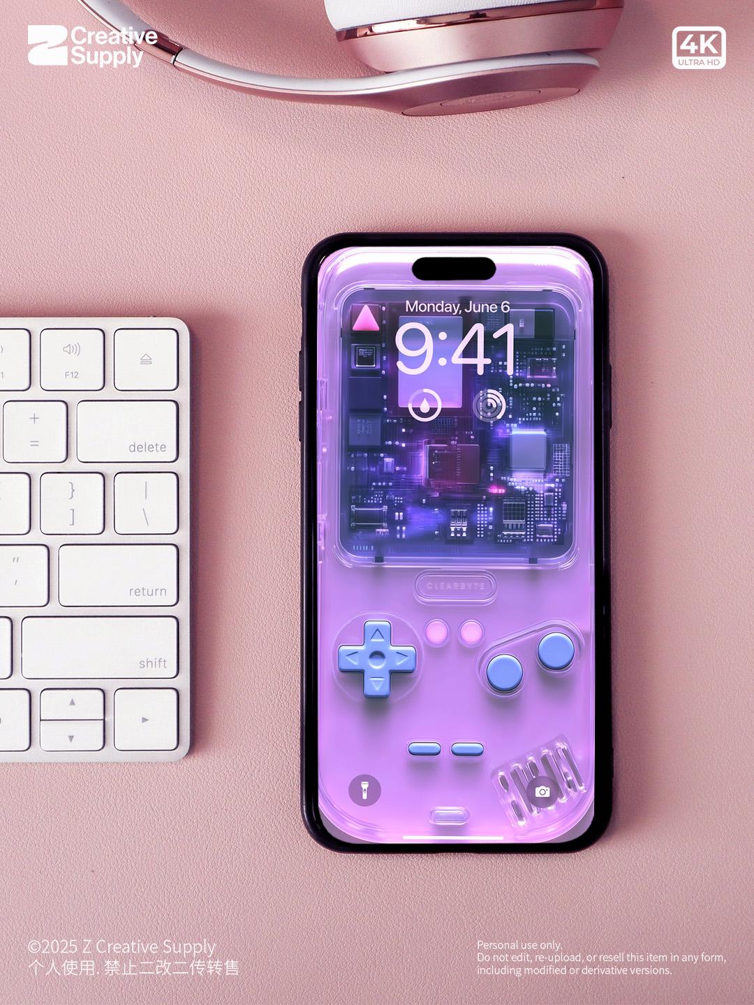 Purple Retro game console Wallpaper – Ultra-Realistic transparent Digital Art for Phone screen | Pastel  cute nostalgic gamer aesthetics