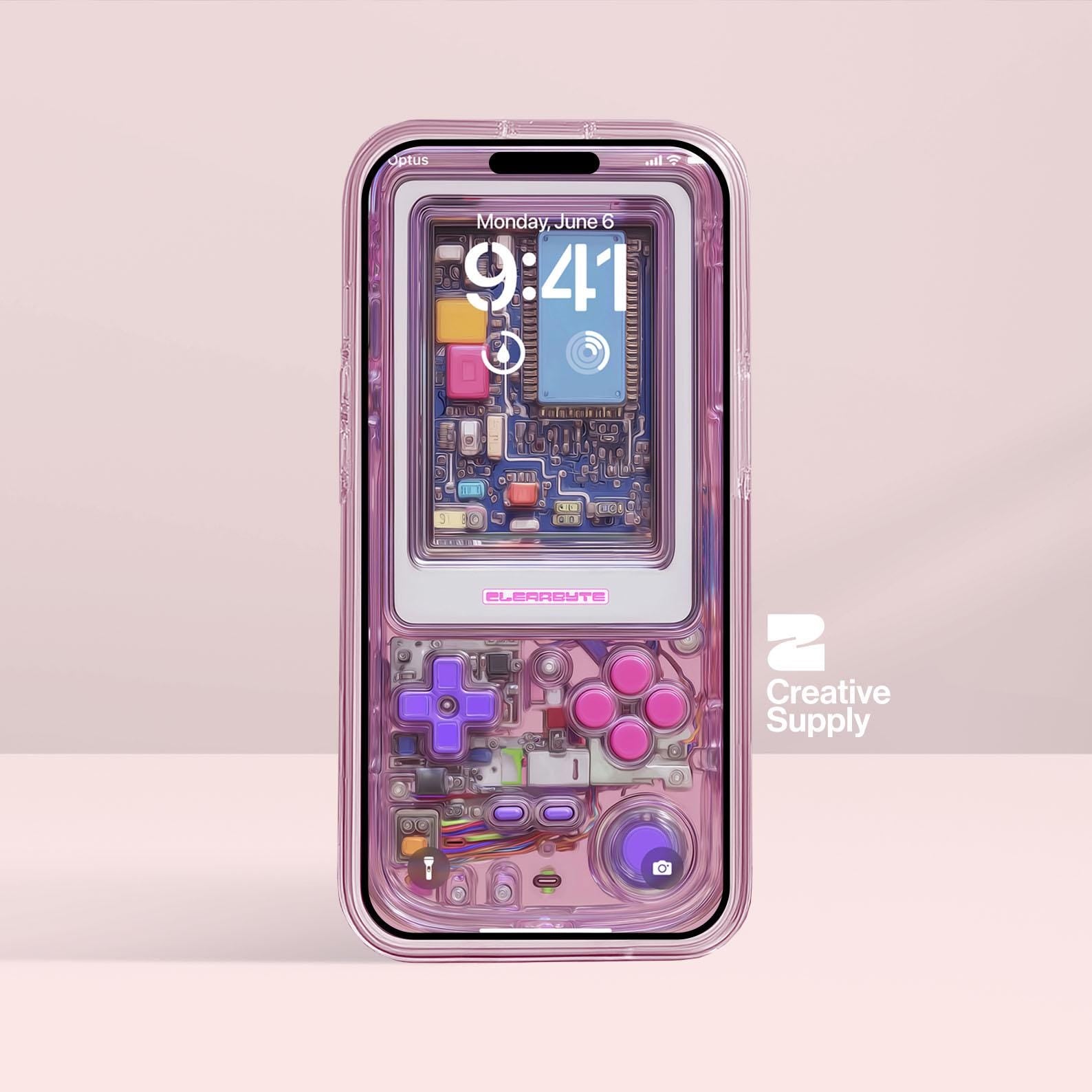 Pink Retro Gameboy Phone Wallpaper,  Transparent Realistic game console circuit board Digital Art for Lock screen,Pastel y2k aesthetics