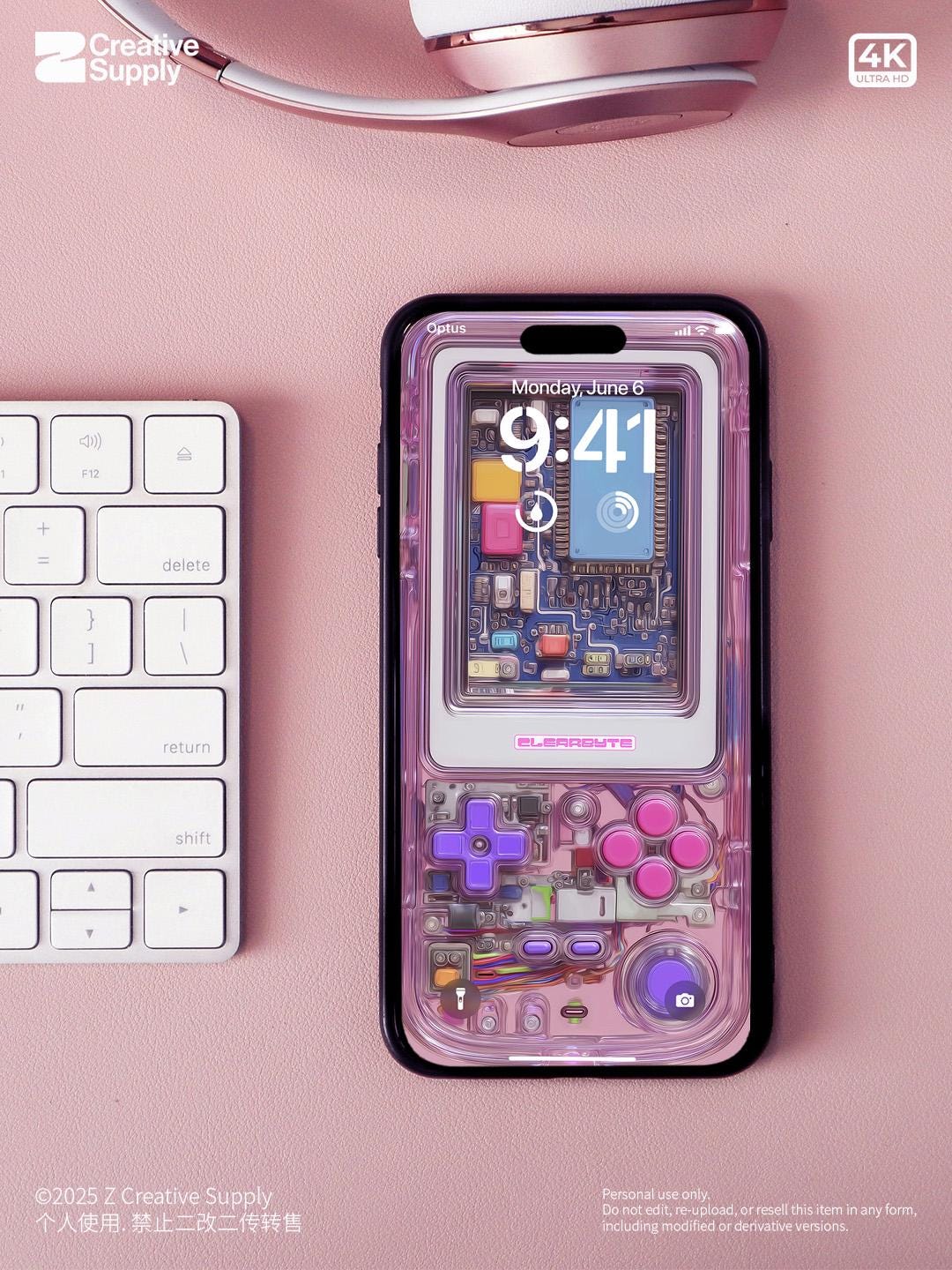 Pink Retro Gameboy Phone Wallpaper,  Transparent Realistic game console circuit board Digital Art for Lock screen,Pastel y2k aesthetics