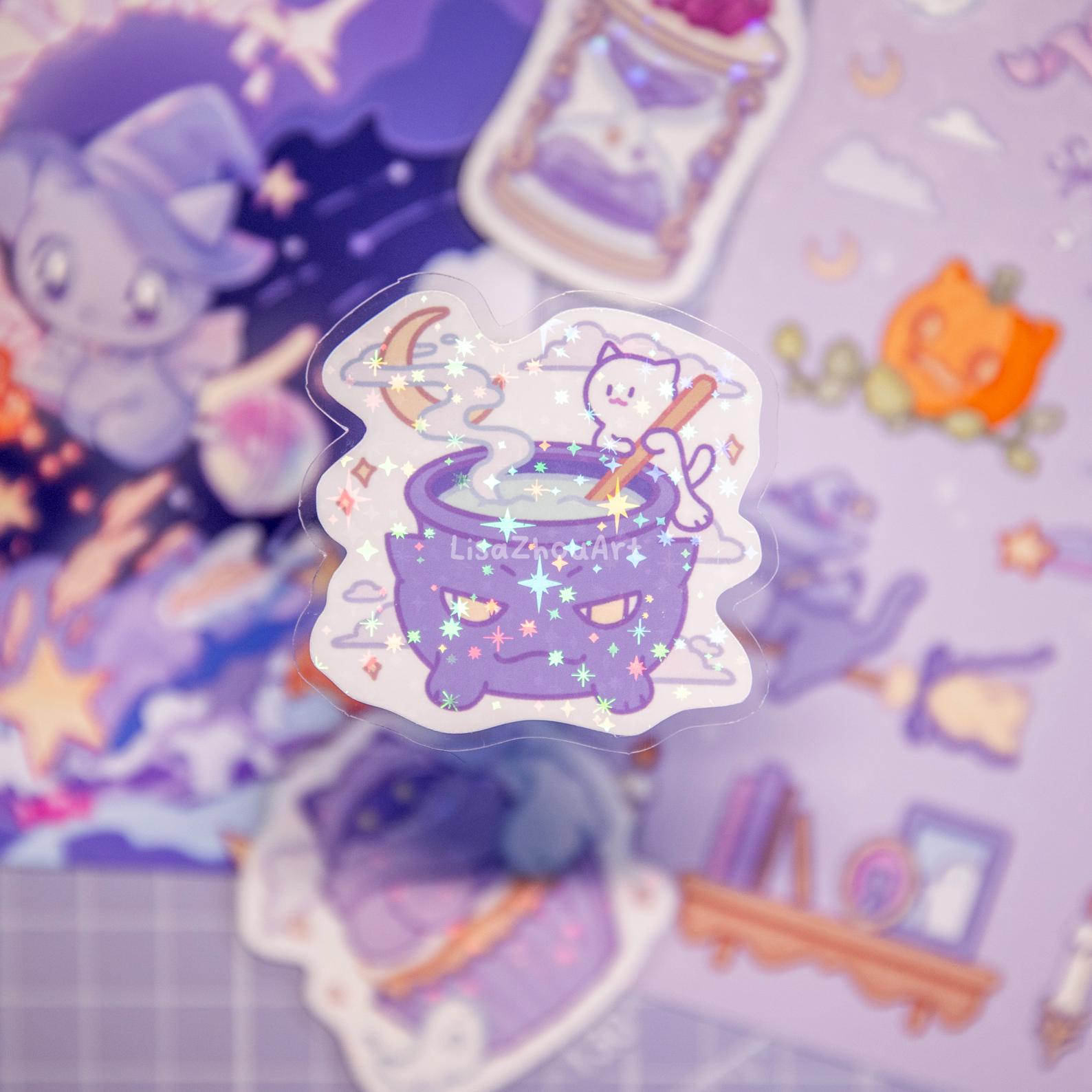 Spooky Magic Cat Purple Stationery Set | Halloween theme Witch Cat Art Print, Sticker Sheet and Holographic Stickers