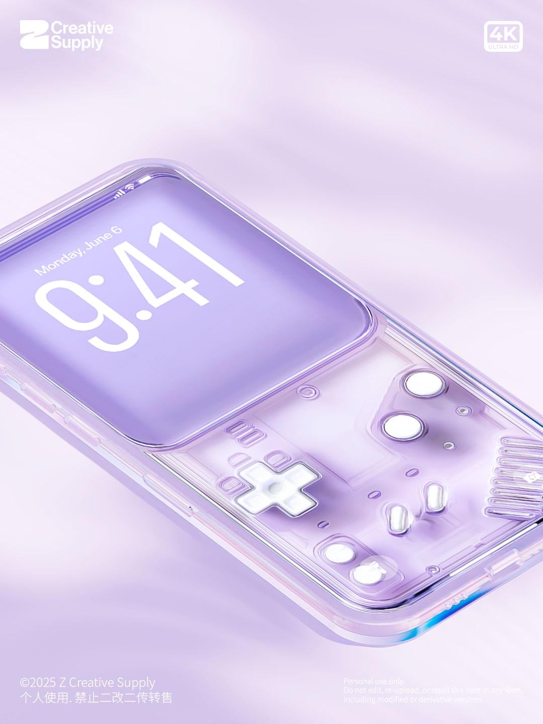 Purple Retro Gameboy Phone Wallpaper, Transparent Realistic game console circuit board Digital Art for Lock screen, Pastel y2k aesthetics