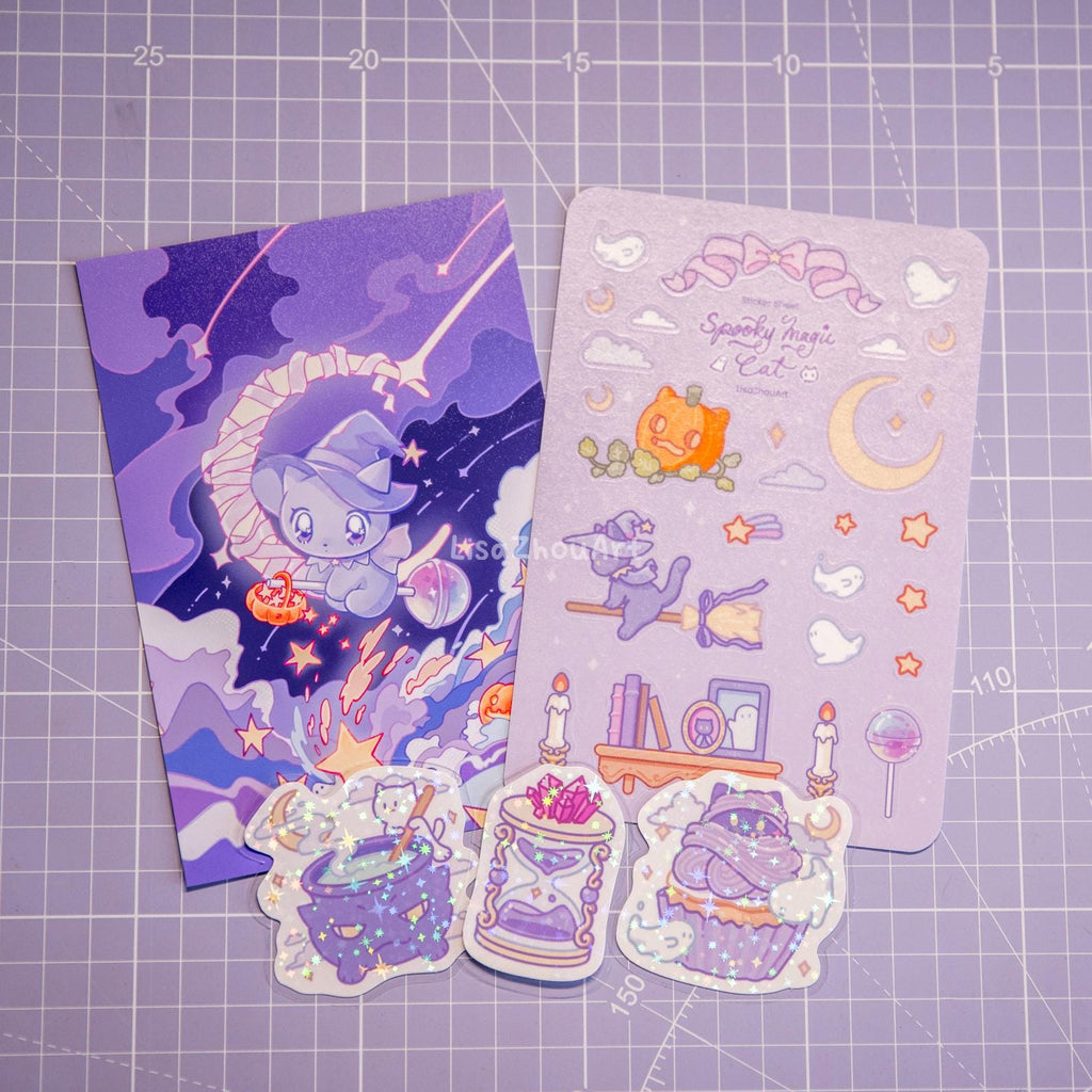 Spooky Magic Cat Purple Stationery Set | Halloween theme Witch Cat Art Print, Sticker Sheet and Holographic Stickers