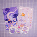 Spooky Magic Cat Purple Stationery Set | Halloween theme Witch Cat Art Print, Sticker Sheet and Holographic Stickers