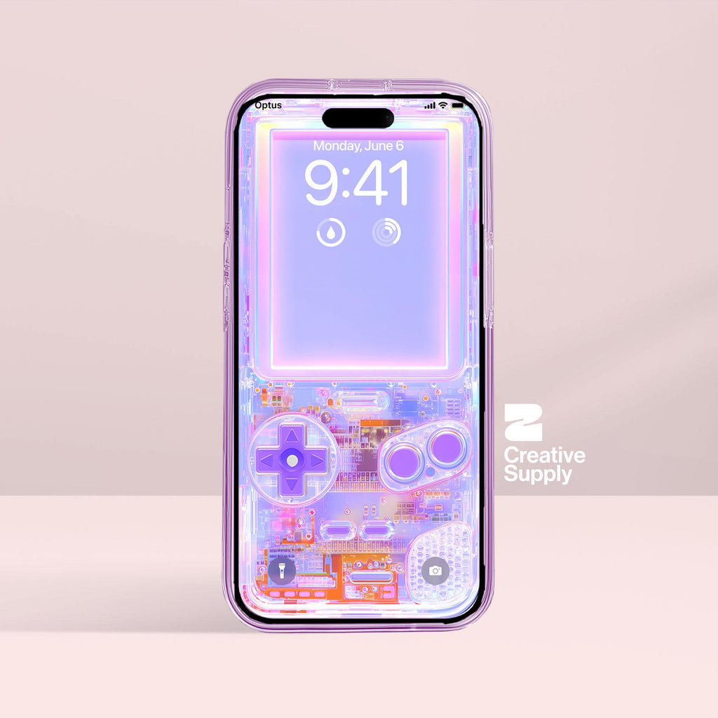 Purple Game Console Wallpaper Retro Pastel Realistic Transparent Digital Art for Phone screen Circuit board aesthetics background for gamers