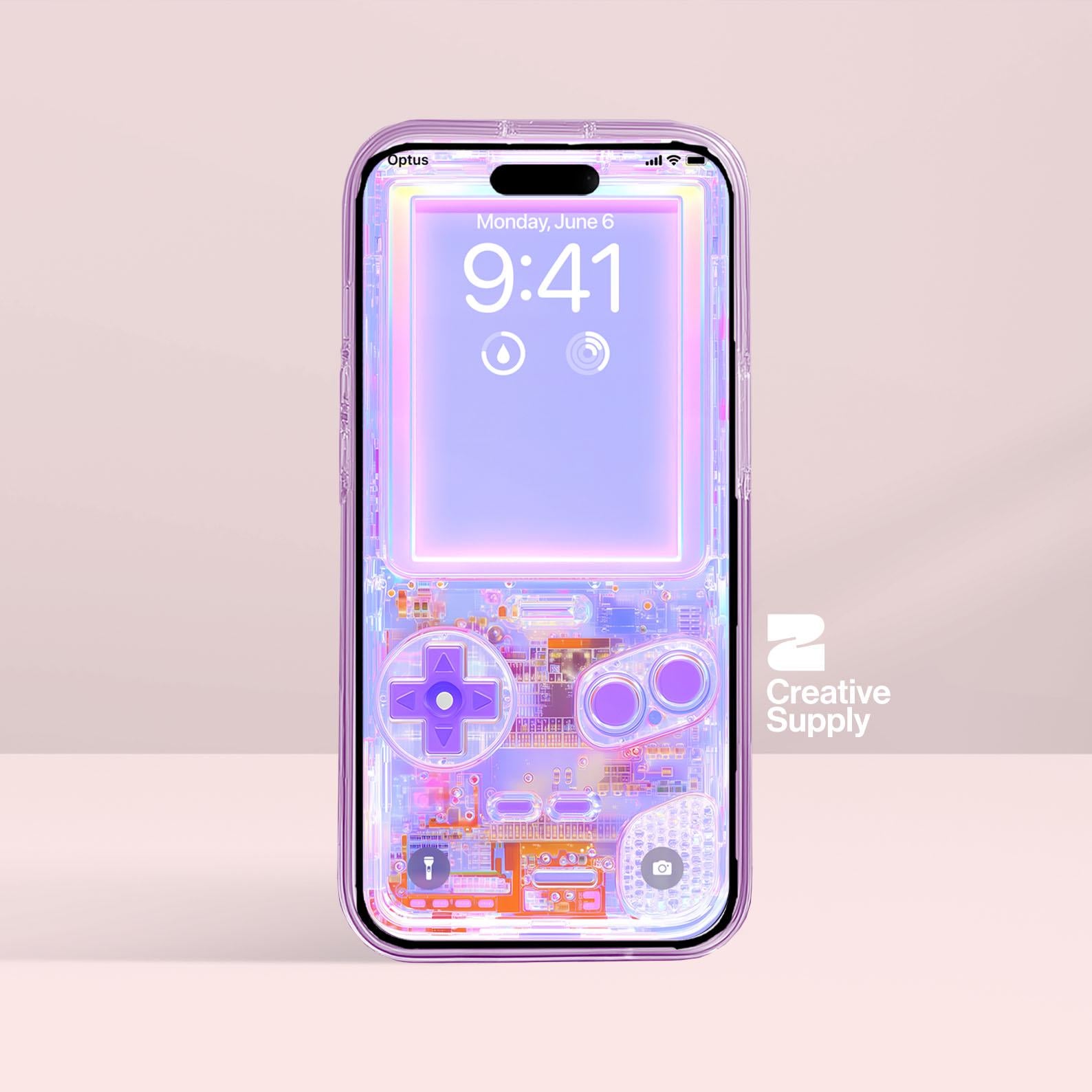 Purple Game Console Wallpaper Retro Pastel Realistic Transparent Digital Art for Phone screen Circuit board aesthetics background for gamers