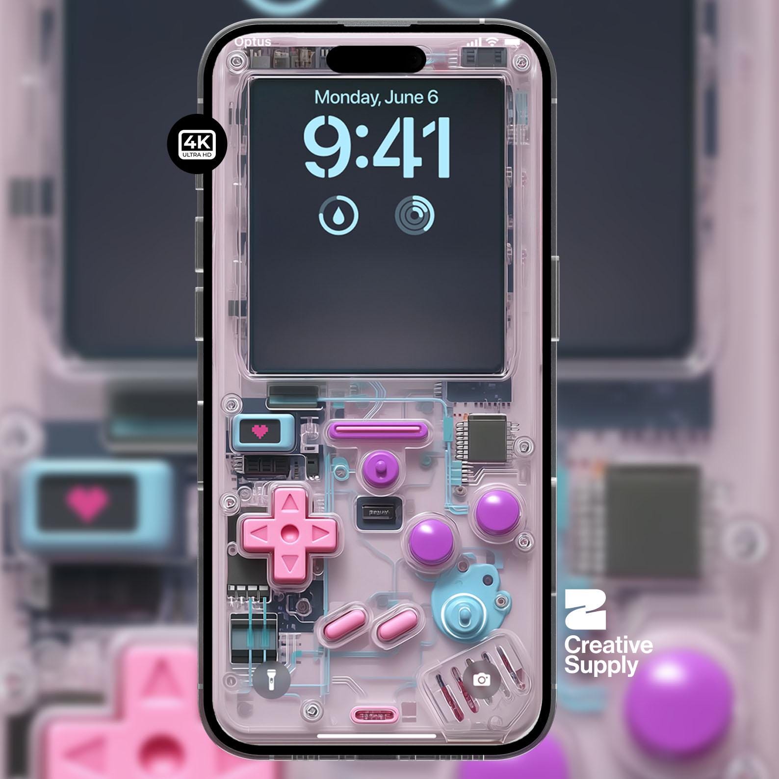 Pink purple retro Gameboy Phone Wallpaper Ultra-Realistic Transparent Y2k Digital Art for Phone screen | Pastel  gamer aesthetics