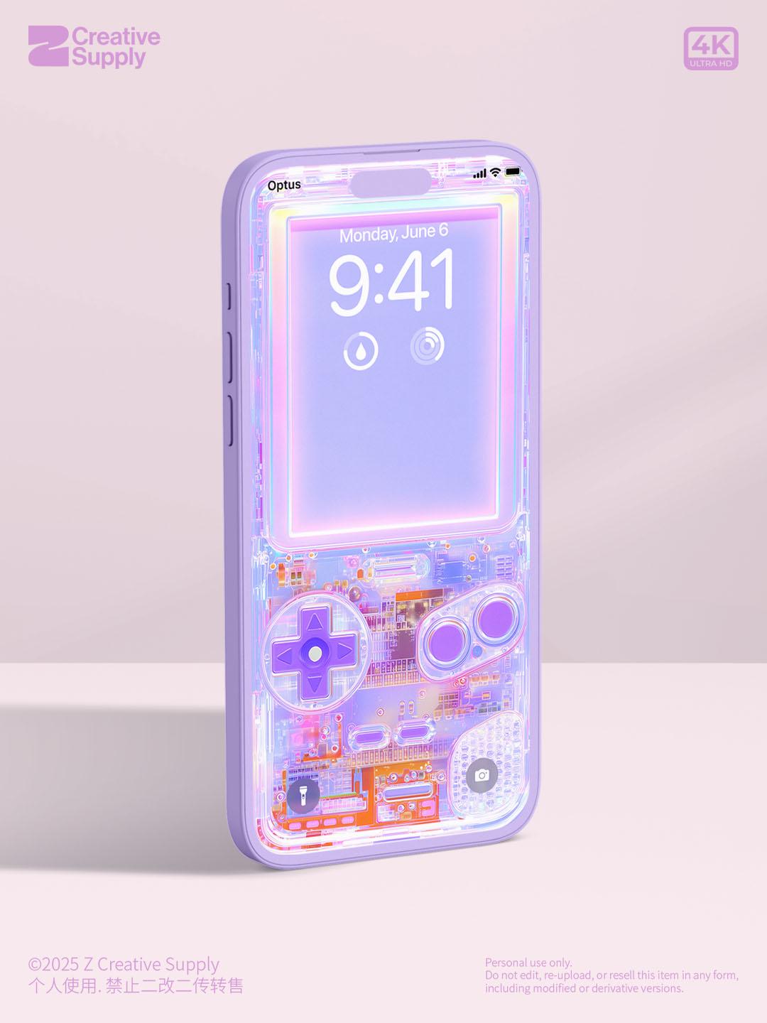 Purple Game Console Wallpaper Retro Pastel Realistic Transparent Digital Art for Phone screen Circuit board aesthetics background for gamers