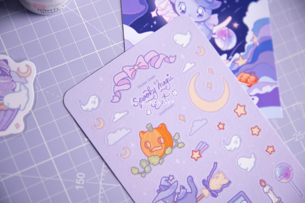 Spooky Magic Cat Purple Stationery Set | Halloween theme Witch Cat Art Print, Sticker Sheet and Holographic Stickers