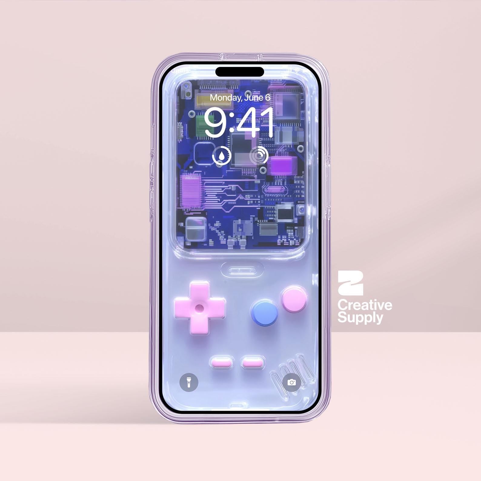 White retro Gameboy Phone Wallpaper Ultra-Realistic opaque Pink blue Y2k Digital Art for Phone screen | Cute girly gamer aesthetics