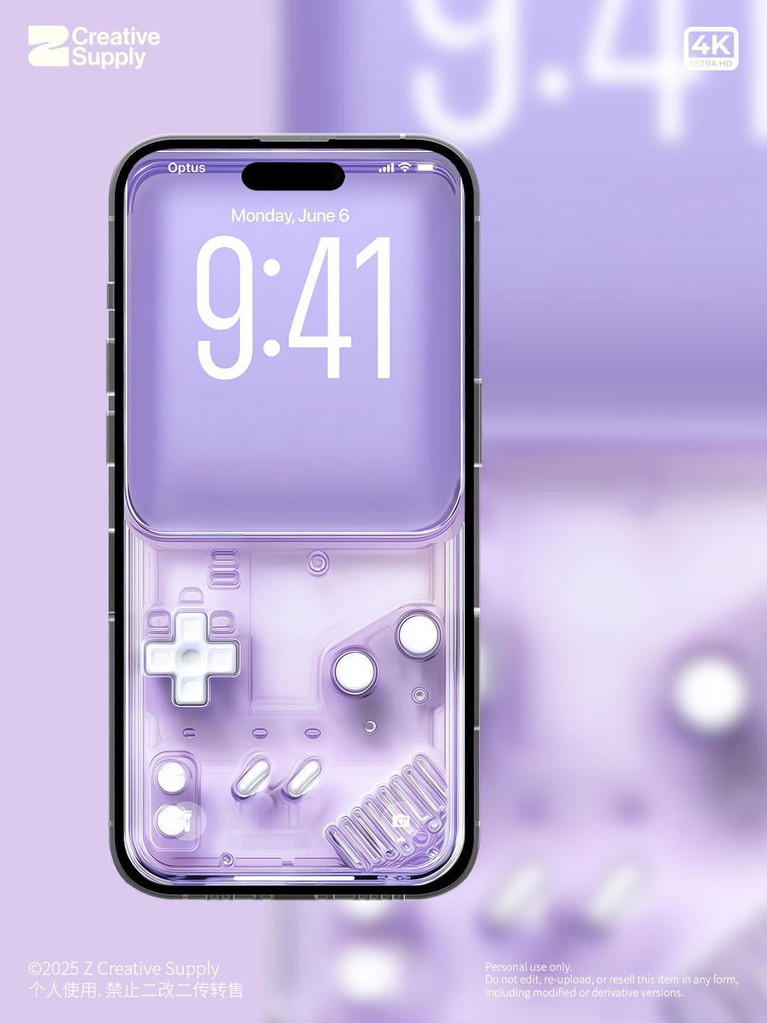 Purple Retro Gameboy Phone Wallpaper, Transparent Realistic game console circuit board Digital Art for Lock screen, Pastel y2k aesthetics