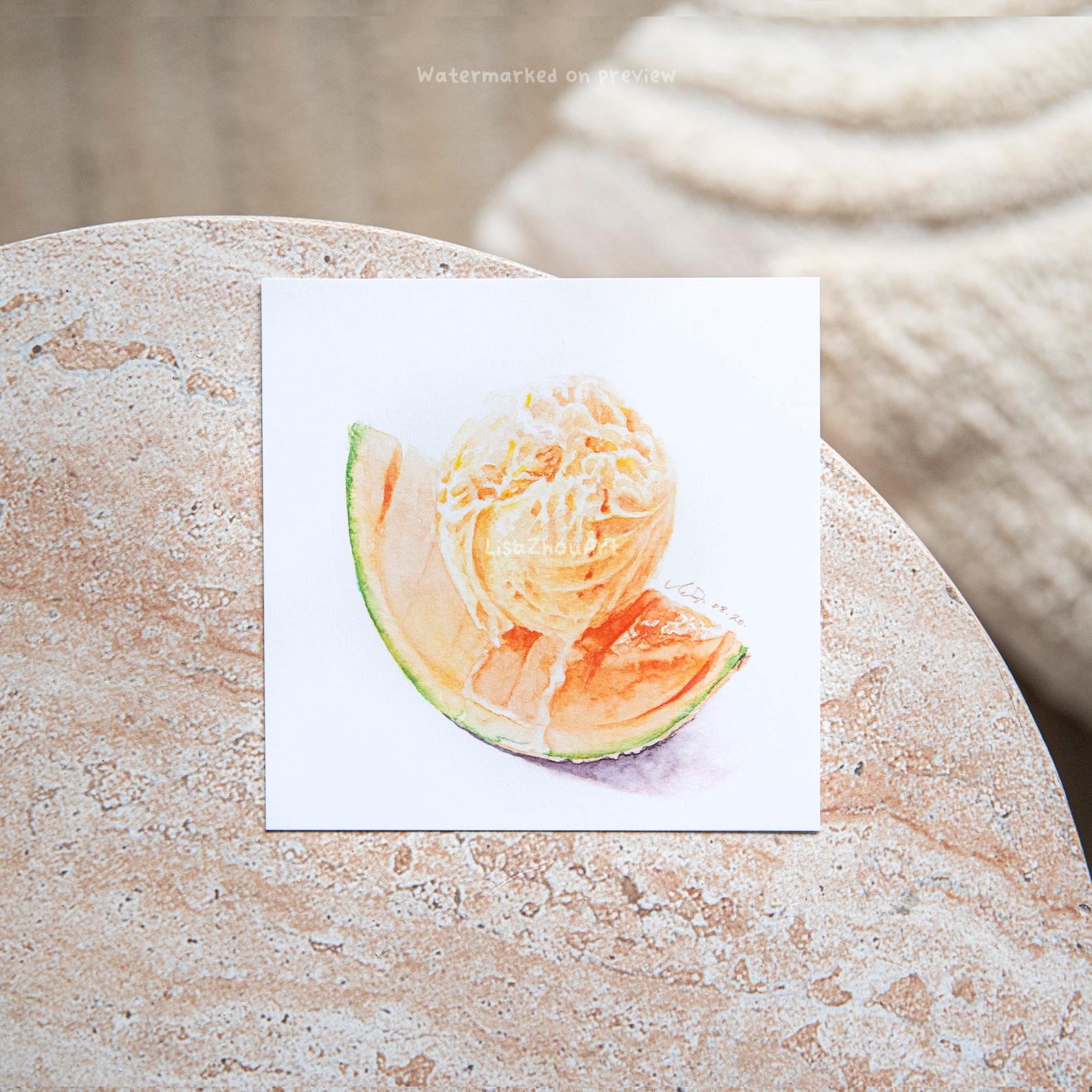 Watercolour Rockmelon Ice Cream Art Print 12x12cm