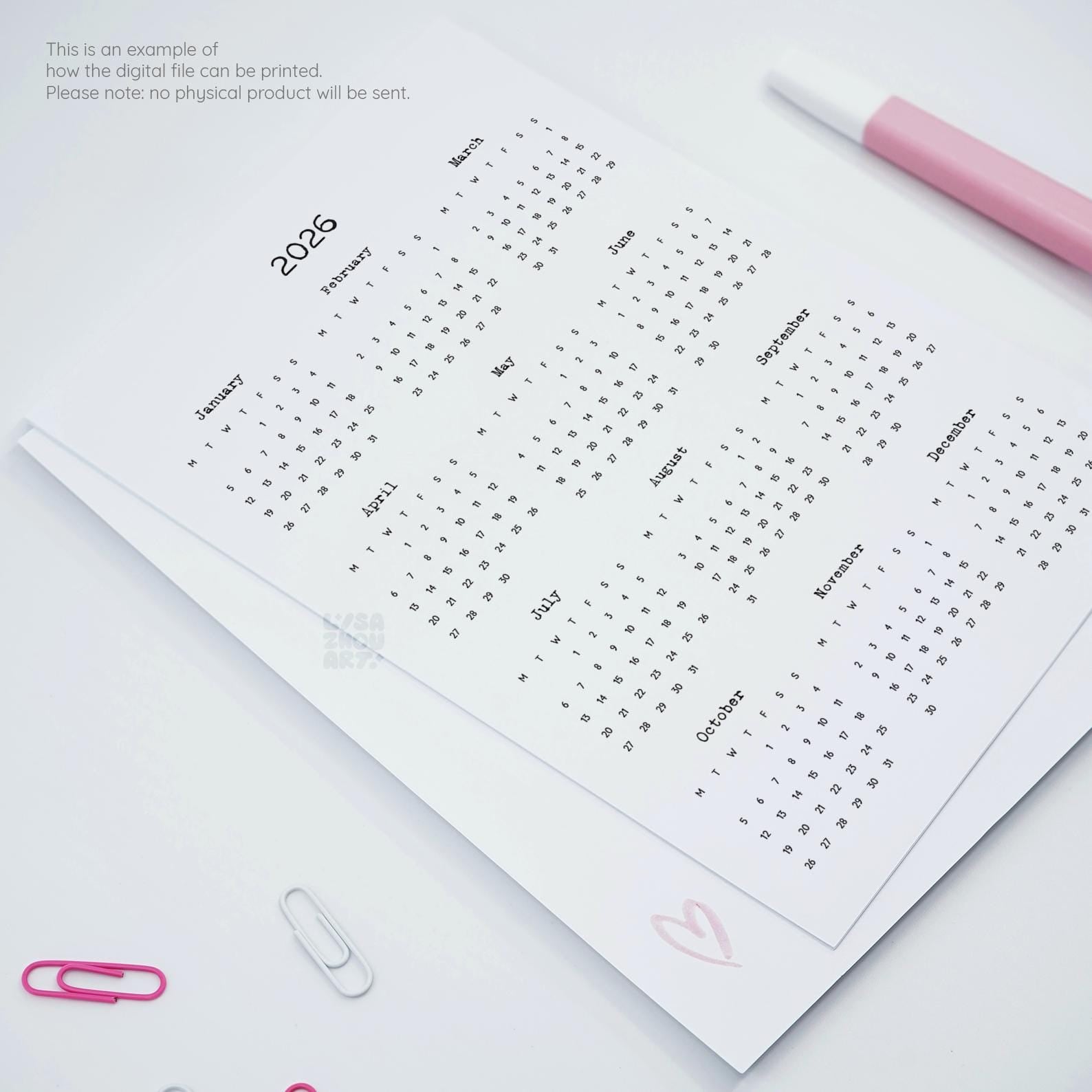 2026 At-a-Glance Yearly Calendar Printable