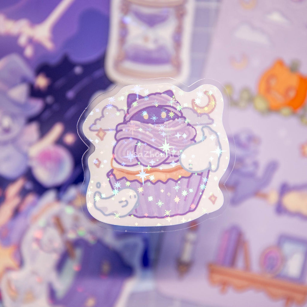 Spooky Magic Cat Purple Stationery Set | Halloween theme Witch Cat Art Print, Sticker Sheet and Holographic Stickers