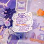 Spooky Magic Cat Purple Stationery Set | Halloween theme Witch Cat Art Print, Sticker Sheet and Holographic Stickers