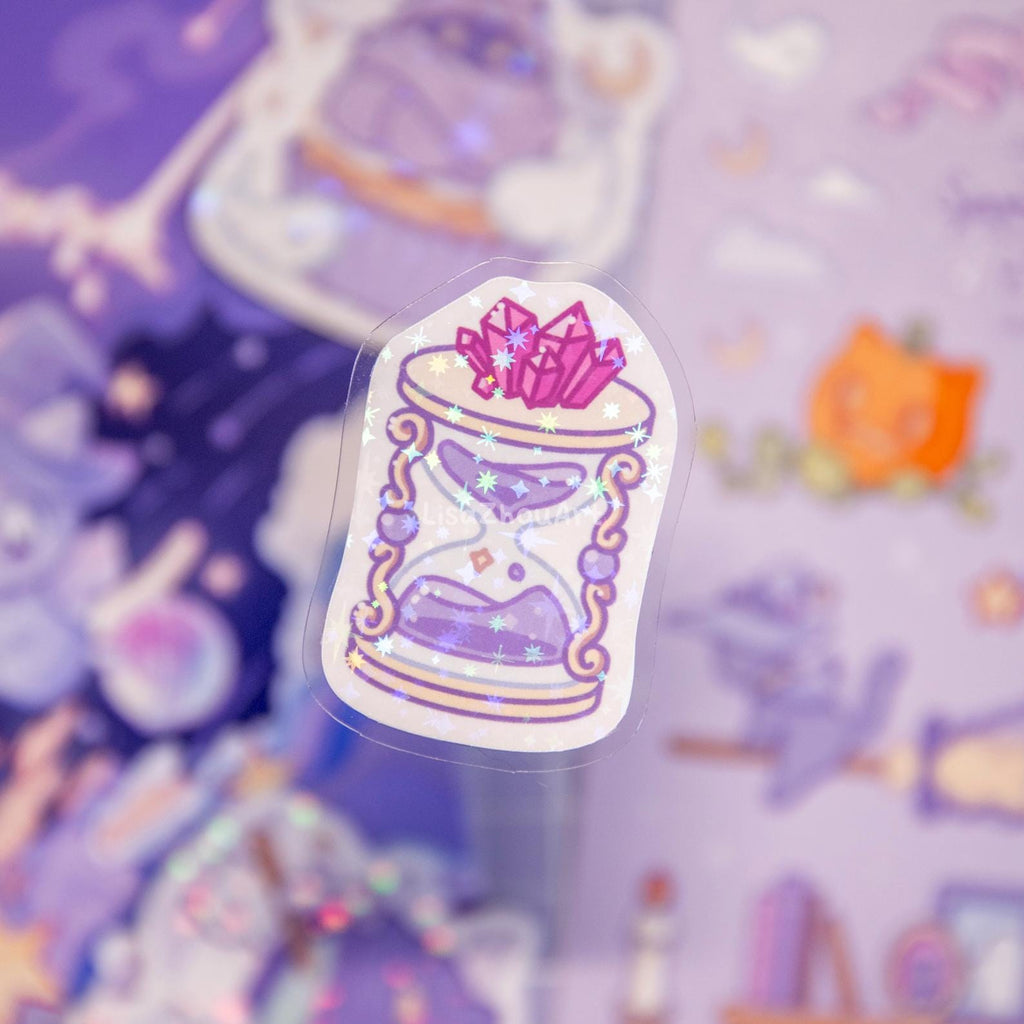 Spooky Magic Cat Purple Stationery Set | Halloween theme Witch Cat Art Print, Sticker Sheet and Holographic Stickers