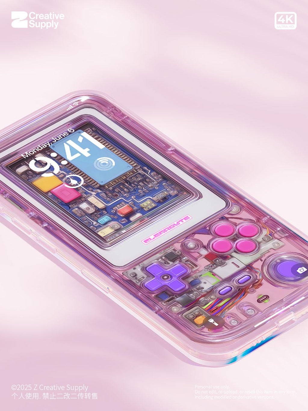 Pink Retro Gameboy Phone Wallpaper,  Transparent Realistic game console circuit board Digital Art for Lock screen,Pastel y2k aesthetics