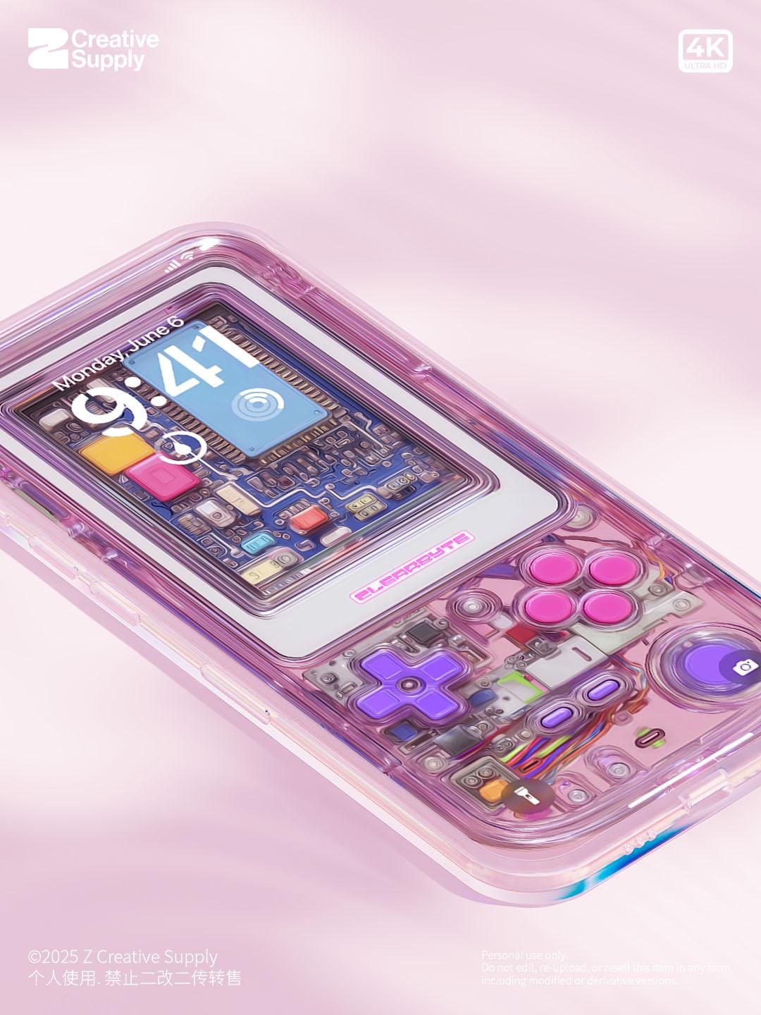Pink Retro Gameboy Phone Wallpaper,  Transparent Realistic game console circuit board Digital Art for Lock screen,Pastel y2k aesthetics