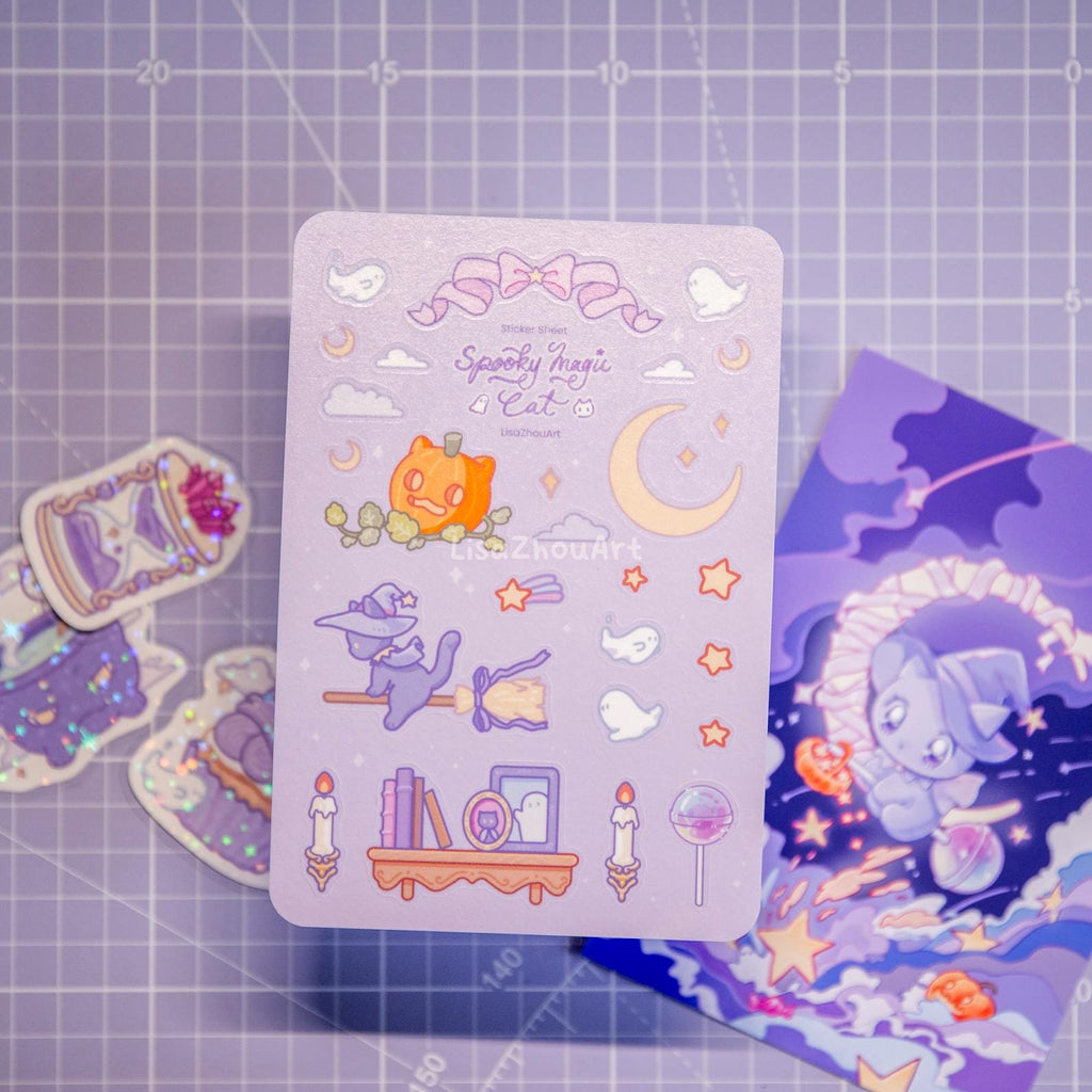 Spooky Magic Cat Purple Stationery Set | Halloween theme Witch Cat Art Print, Sticker Sheet and Holographic Stickers