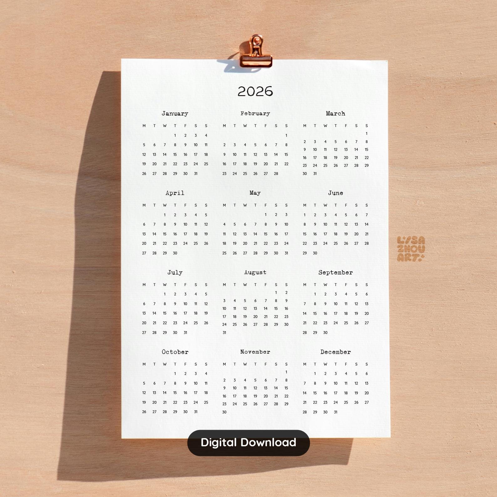 2026 At-a-Glance Yearly Calendar Printable
