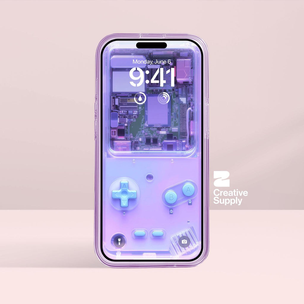 Purple Retro game console Wallpaper Realistic transparent Digital Art for Phone screen Gradient Pastel cute nostalgic gamer aesthetics