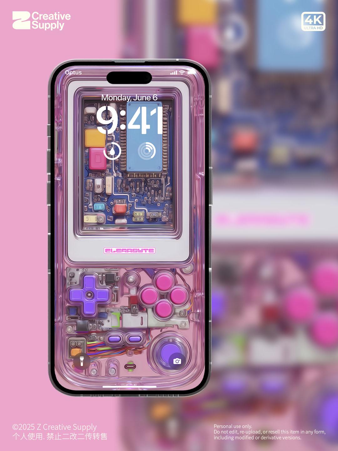 Pink Retro Gameboy Phone Wallpaper,  Transparent Realistic game console circuit board Digital Art for Lock screen,Pastel y2k aesthetics