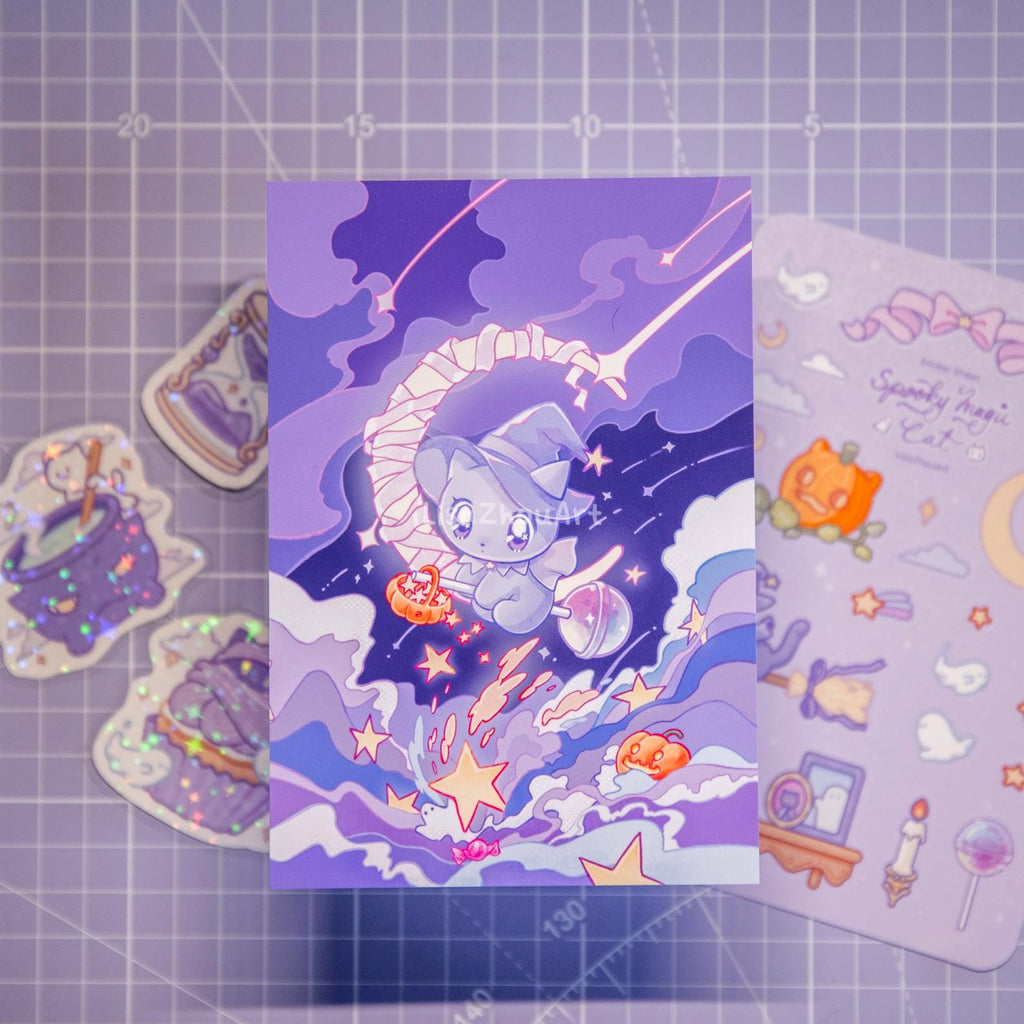 Spooky Magic Cat Purple Stationery Set | Halloween theme Witch Cat Art Print, Sticker Sheet and Holographic Stickers