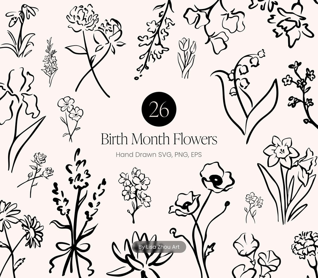 Birth Month Flower Bundle | 26 Hand-Drawn Botanical Line Art Clipart Set