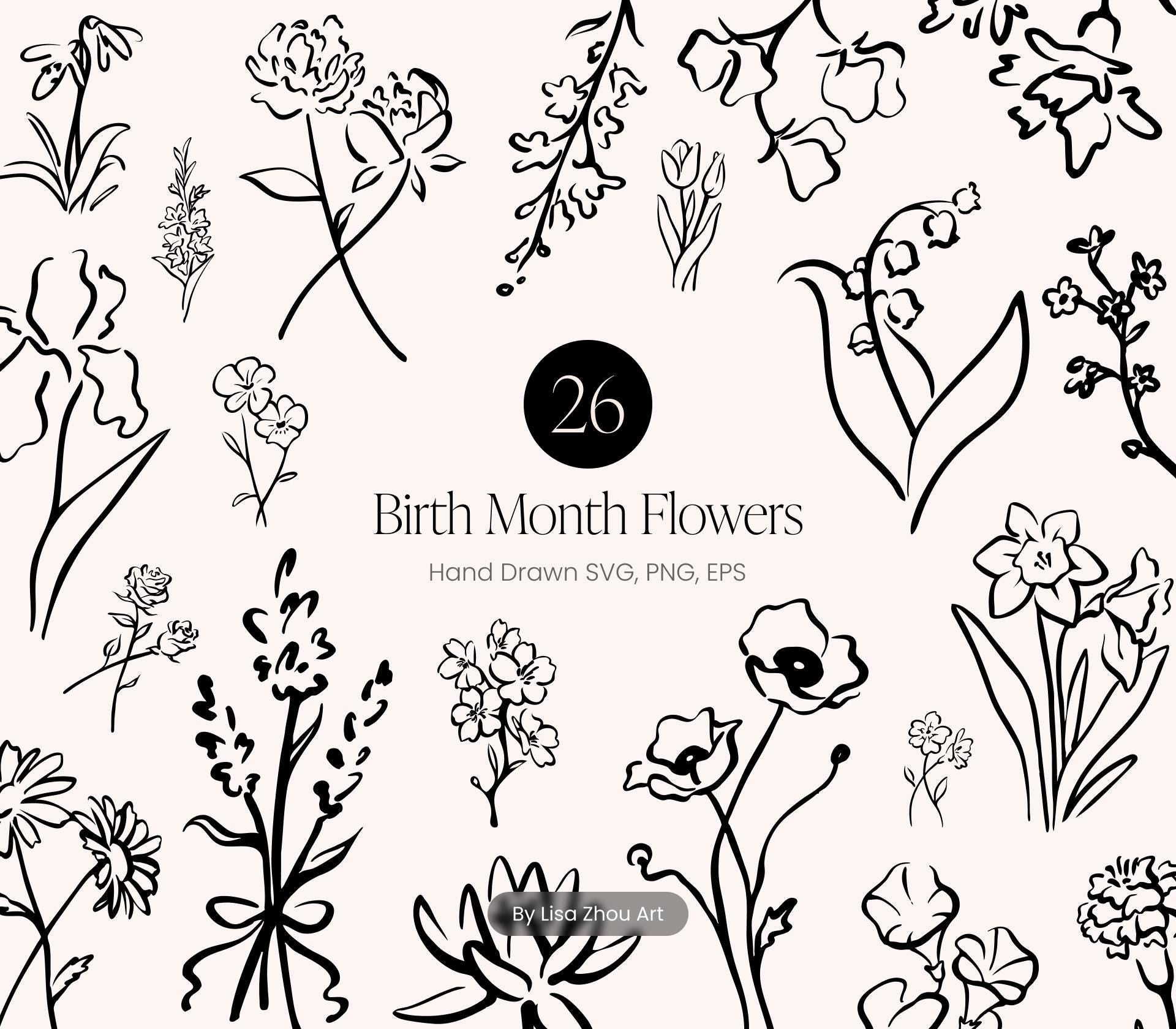 Birth Month Flower Bundle | 26 Hand-Drawn Botanical Line Art Clipart Set