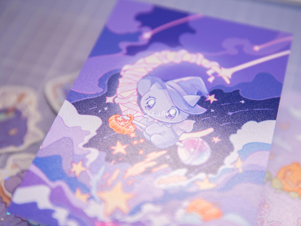 Spooky Magic Cat Purple Stationery Set | Halloween theme Witch Cat Art Print, Sticker Sheet and Holographic Stickers