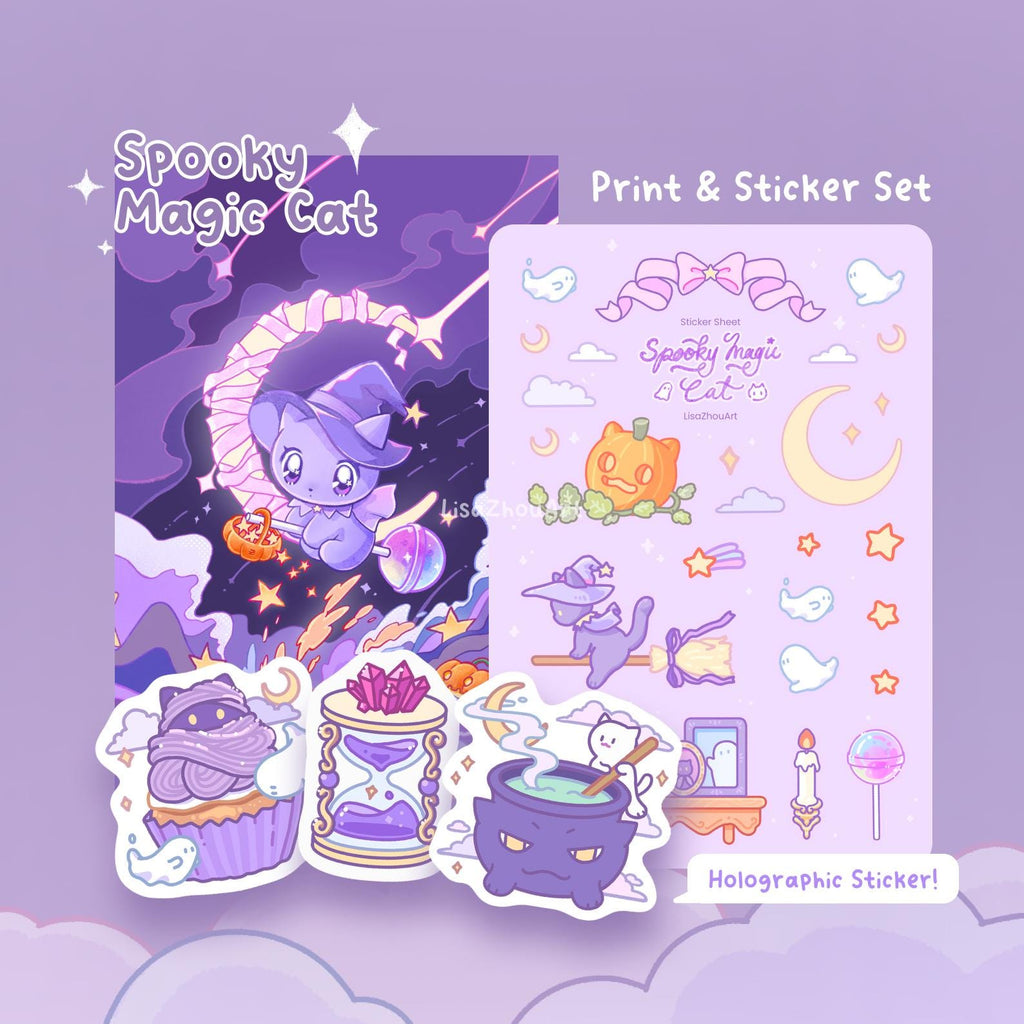 Spooky Magic Cat Purple Stationery Set | Halloween theme Witch Cat Art Print, Sticker Sheet and Holographic Stickers