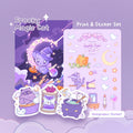 Spooky Magic Cat Purple Stationery Set | Halloween theme Witch Cat Art Print, Sticker Sheet and Holographic Stickers