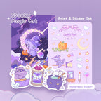 Spooky Magic Cat Purple Stationery Set | Halloween theme Witch Cat Art Print, Sticker Sheet and Holographic Stickers