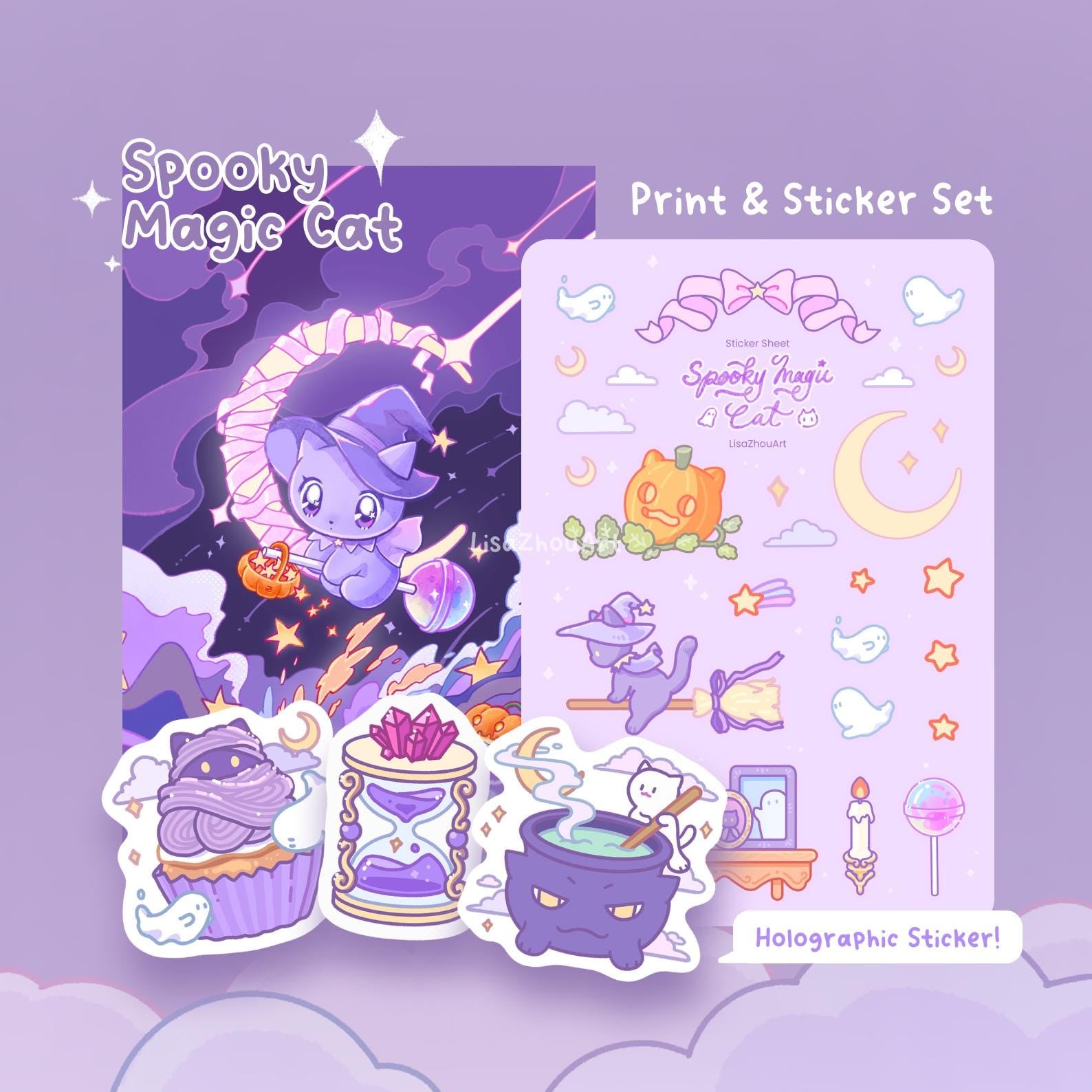 Spooky Magic Cat Purple Stationery Set | Halloween theme Witch Cat Art Print, Sticker Sheet and Holographic Stickers