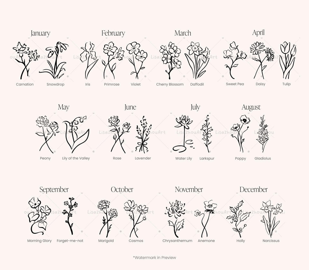 Birth Month Flower Bundle | 26 Hand-Drawn Botanical Line Art Clipart Set