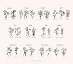 Birth Month Flower Bundle | 26 Hand-Drawn Botanical Line Art Clipart Set