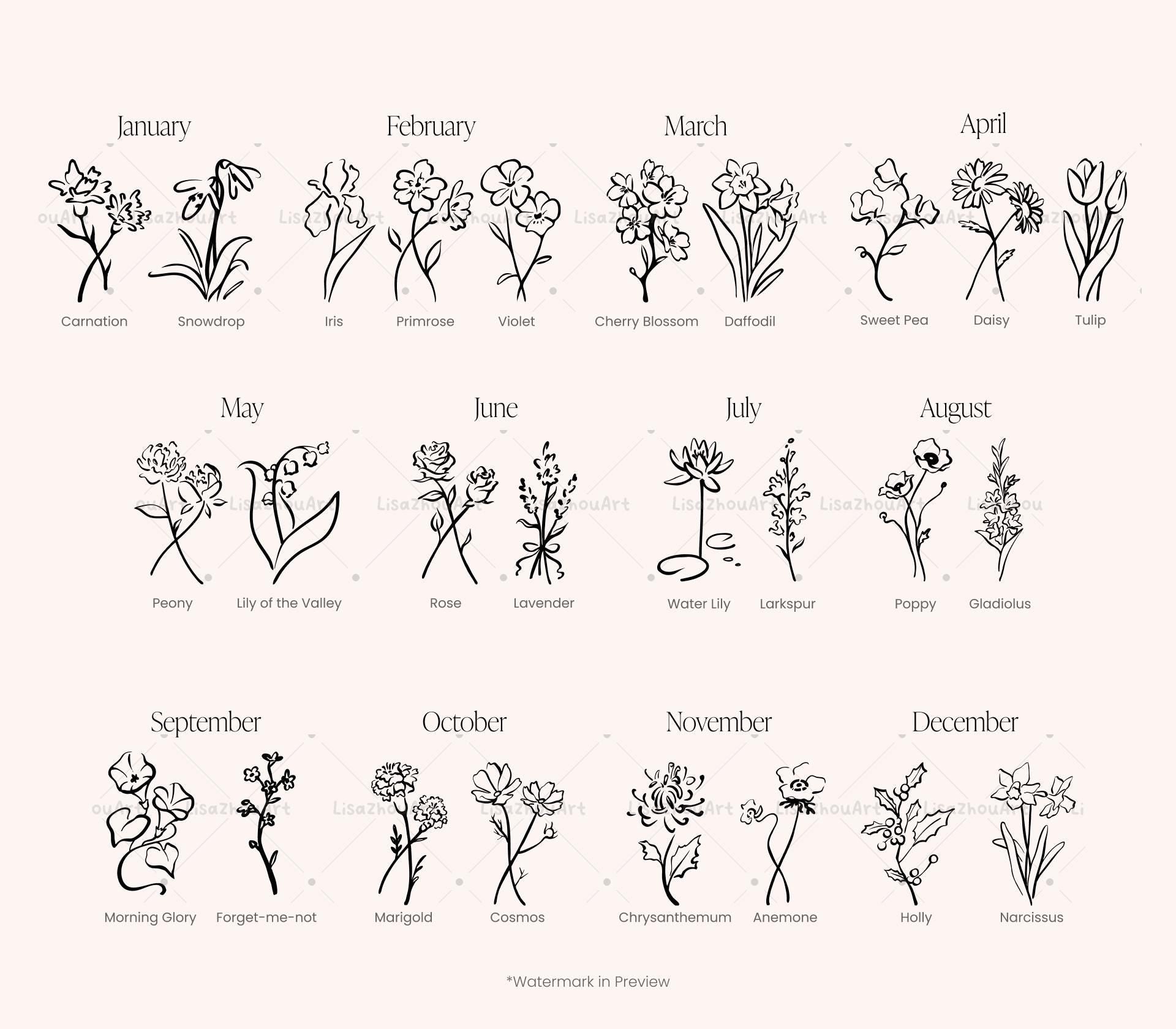 Birth Month Flower Bundle | 26 Hand-Drawn Botanical Line Art Clipart Set