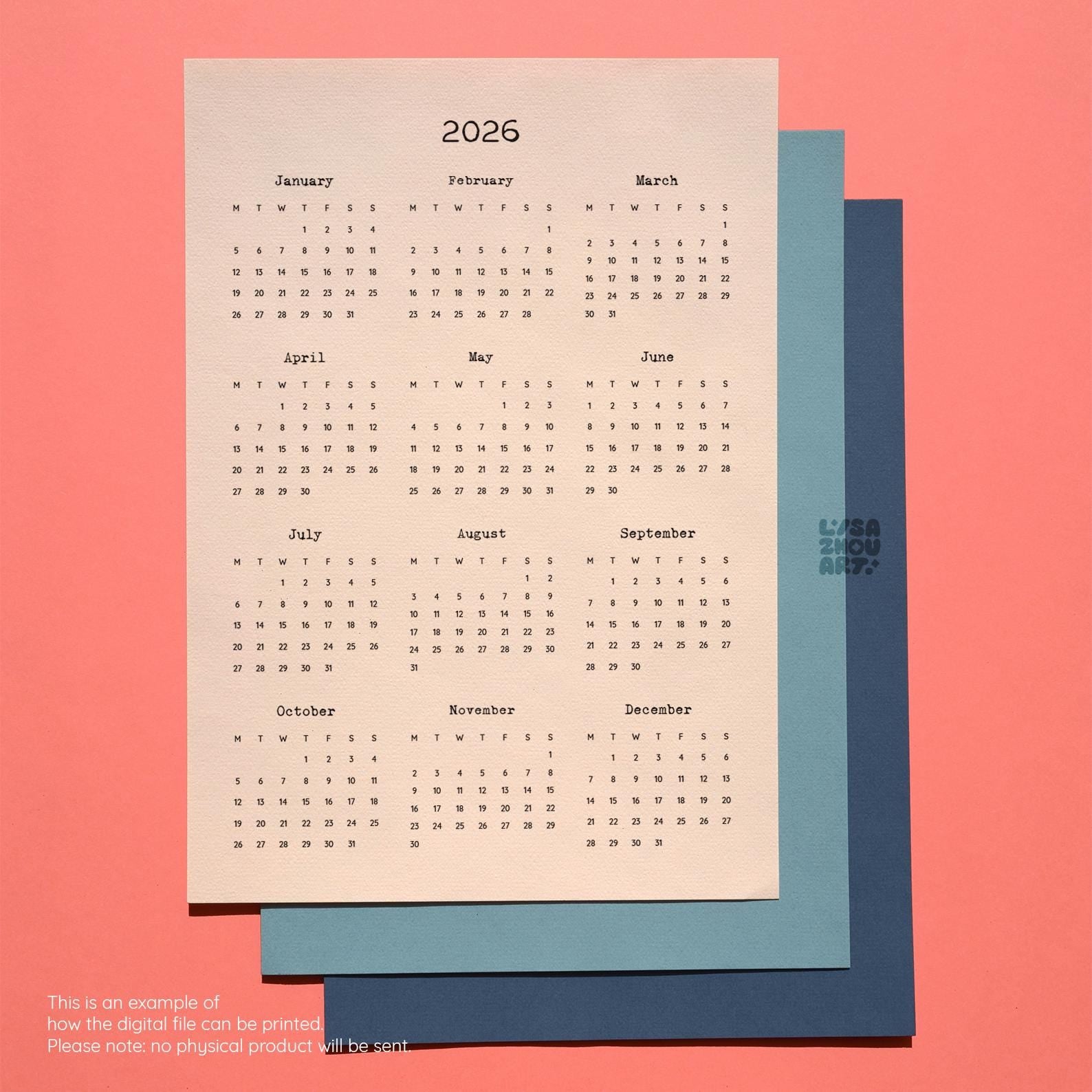 2026 At-a-Glance Yearly Calendar Printable